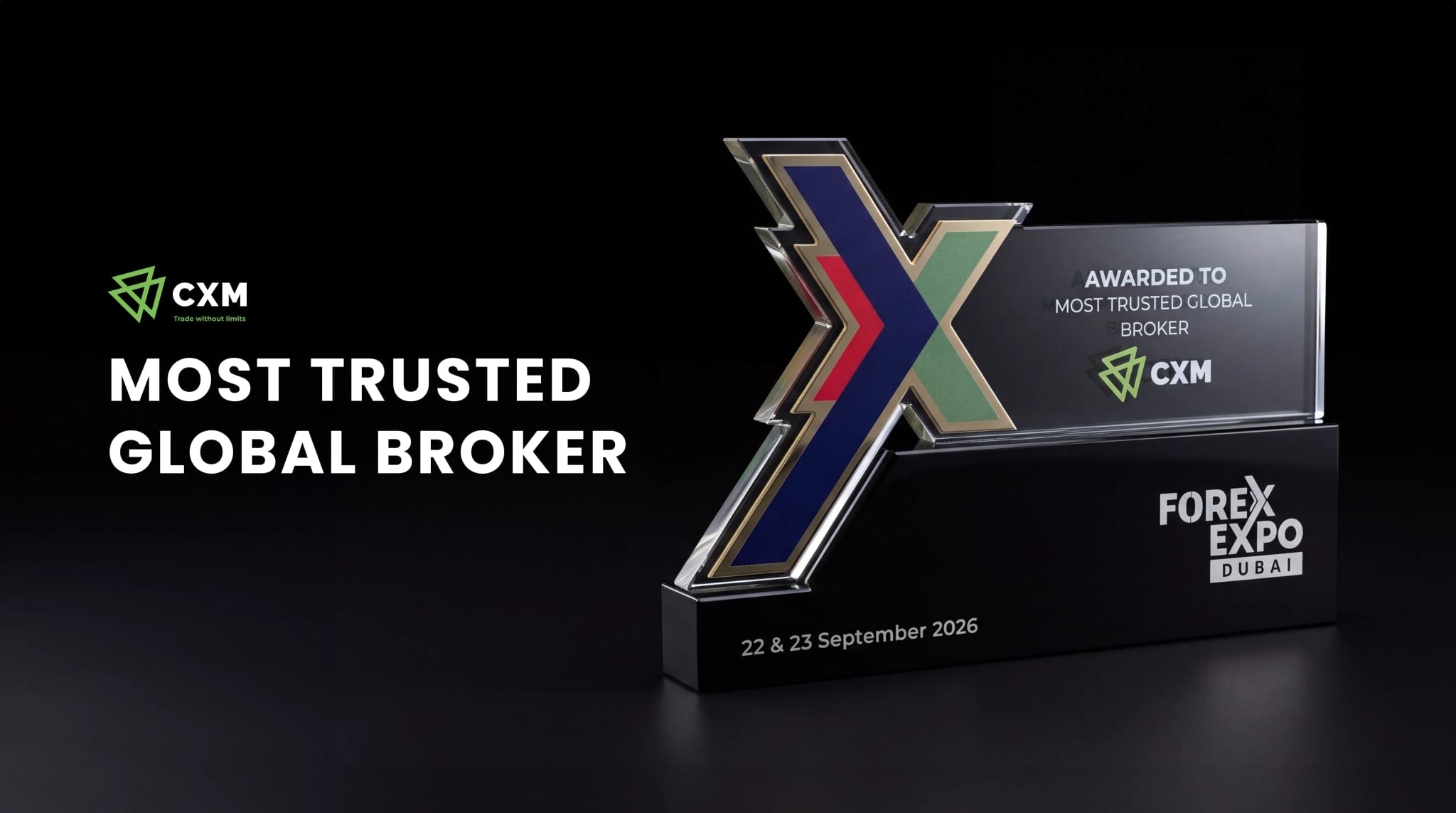 CXM ने Forex Expo Dubai 2026 में “सर्वाधिक विश्वसनीय वैश्विक ब्रोकर” का पुरस्कार जीता।