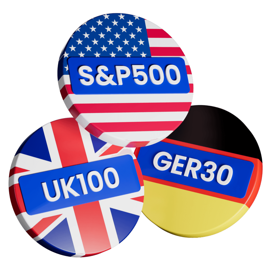 Ilustración 3D de las insignias del S&P 500, UK100 y GER30