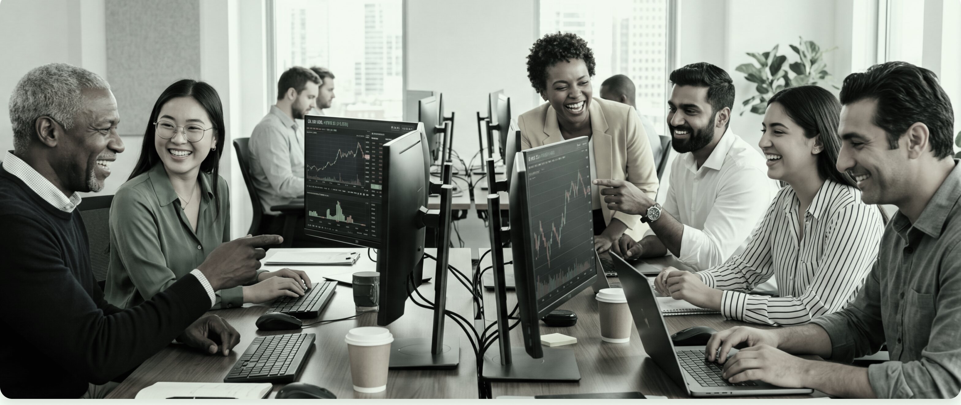 Colegas de CXM colaborando frente a pantallas de trading en una oficina de espacio abierto