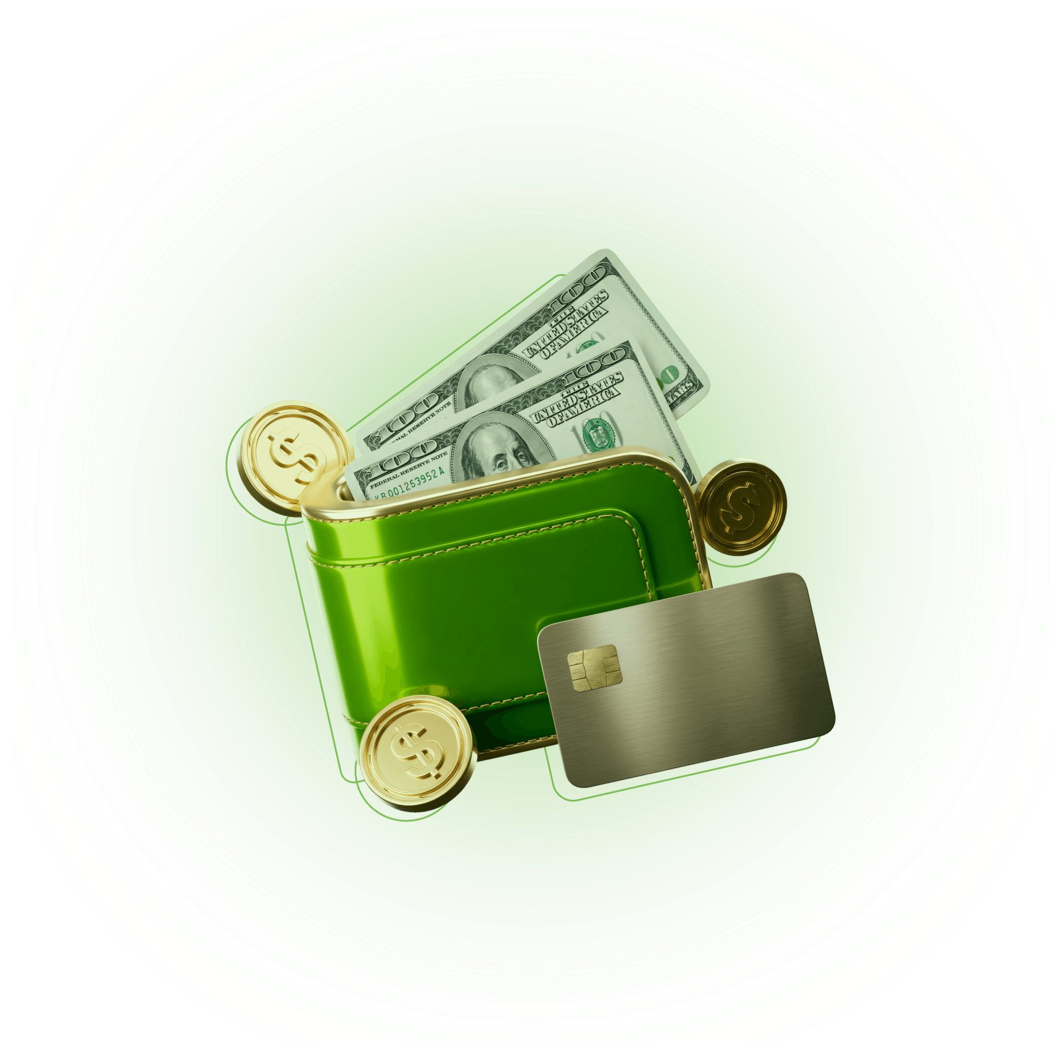 Monedero con billetes, monedas y una tarjeta que representan las recompensas de CXM Earn