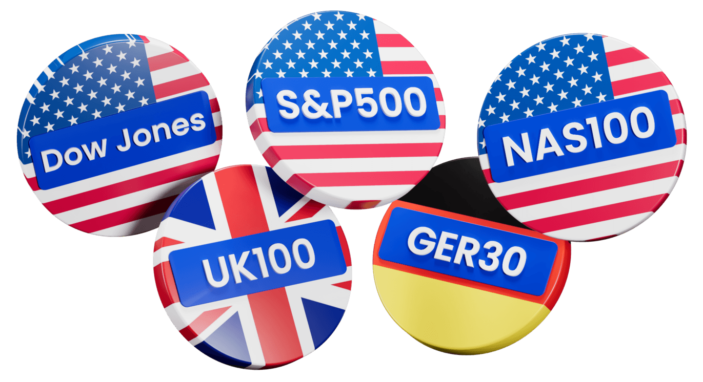 ตราสัญลักษณ์ดัชนีหุ้นโลก — Dow Jones, S&P 500, NAS100, UK100 และ GER30