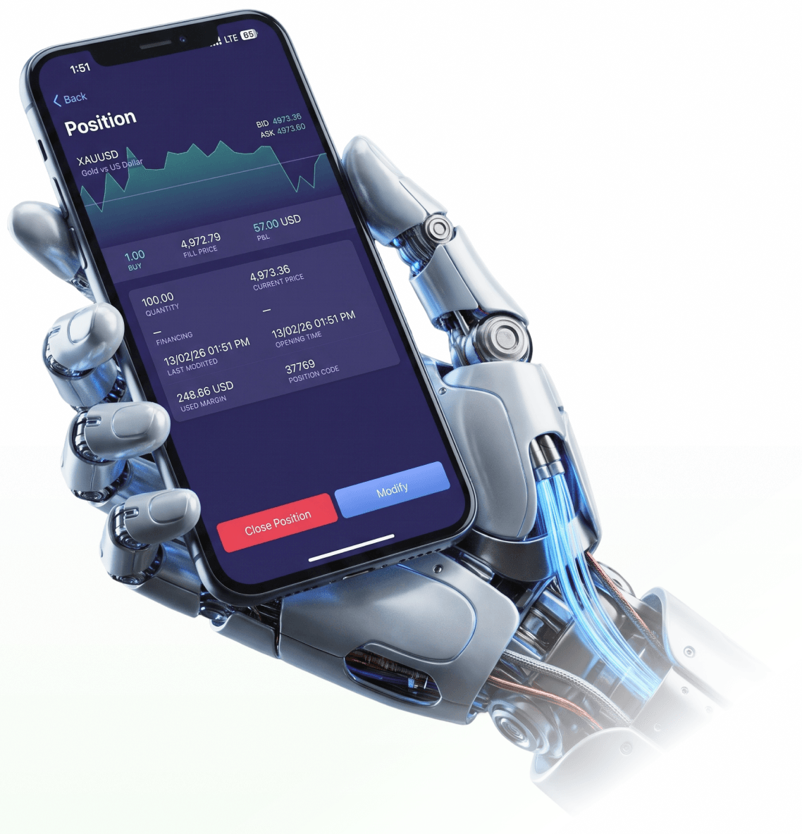 Mano robótica sosteniendo un smartphone que muestra una posición abierta de XAUUSD en una aplicación de trading